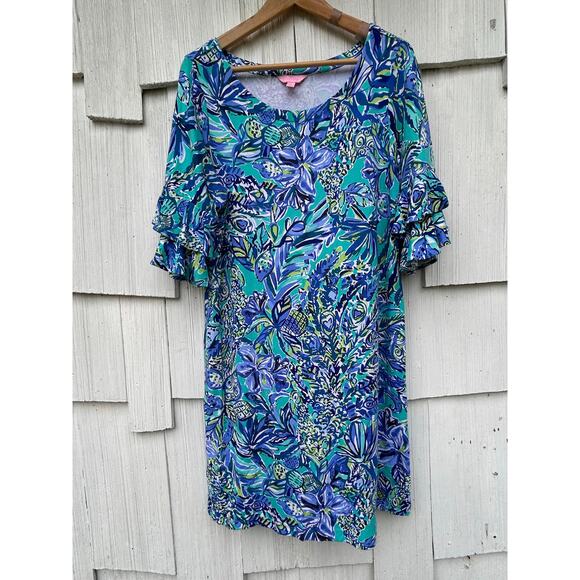 Lilly Pulitzer Lula Bonnet Blue Ruffle Sleeve Shift Dress Mini Length Size L - Picture 2 of 8